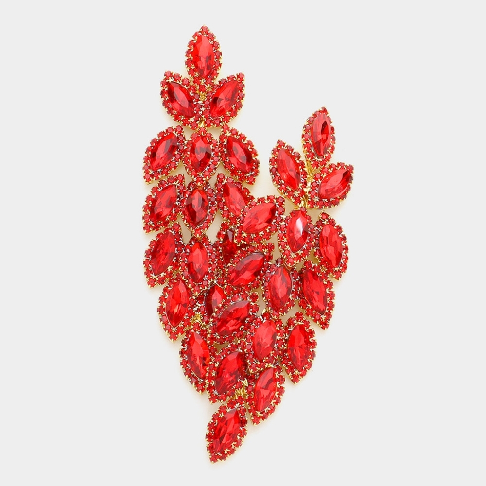Red Marquise Crystal Leaf Drop Dangle Earrings 3.25" Chandelier Evening